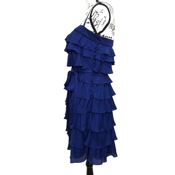Size 12 NEW$200.00 ANTHROPOLOGIE VA ET VIEN SILK BLUE‎ RUFFLE PARTY DRESS W/TIE - Picture 8 of 13
